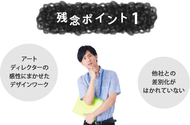 「残念ポイント1」アートディレクターの感性にまかせたデザインワーク。他社との差別化がはかれていない。